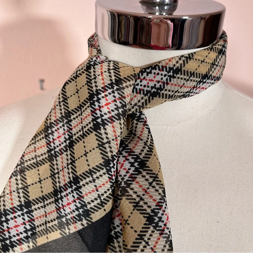 Vintage 80 90 Retro Camel Tan Black Academia Plaid classic Preppy Neck Scarf - Picture 7 of 13